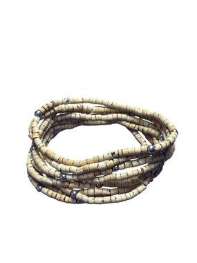 Wooden Beaded Stretchy Bracelet Silvertone Beads 7.5 inches Unstretched